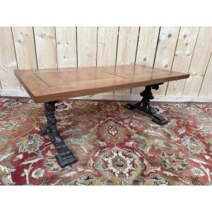 Coffee Table With Cast Iron Legs And Parquet Wood Top 