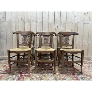 Set Of 6 Provençal Straw Chairs In Solid Oak.