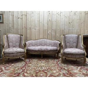 Louis XV Style Living Room In Gilded Wood With Sofa And Pair Of Armchairs 
