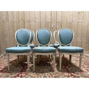 Set Of 6 Louis XVI Style Medallion Chairs Rechampi 