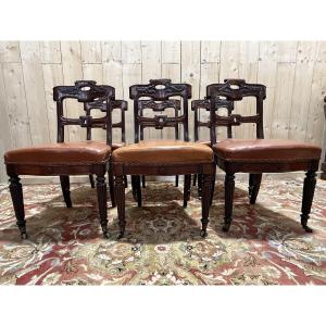 Set Of 6 Napoleon III Period Chairs In Mahogany And Leather