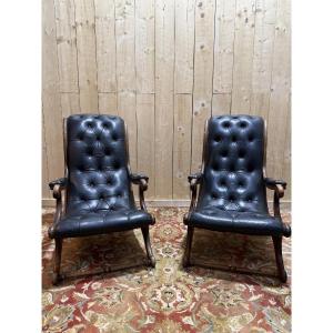 Pair Of English Chesterfield Armchairs In Black Leather