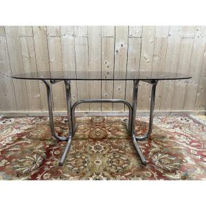 Tubular Chrome And Smoked Glass Dining Table, 1970