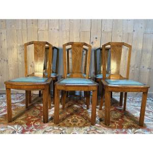 6 Art Deco Period Chairs In Green Vinyl