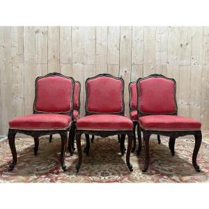 Set Of 6 Louis XV Style Chairs In Walnut And Brass