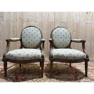 Pair Of Louis XVI Period Cabriolet Armchairs With Medallions, Stamped Othon