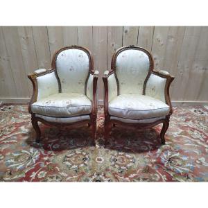 Pair Of Louis XV Style Bergère Armchairs In Silk