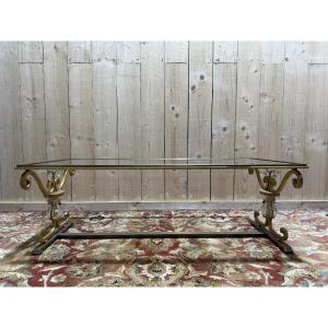 Gold-plated Metal And Glass Coffee Table Attributed To The Baguès Company