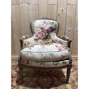 Bergère Chair With Louis XVI Style Floral Fabric, Hand-painted