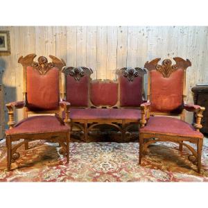 Art Nouveau Style Living Room, Neo-gothic Style, With A Sofa And A Pair Of Walnut Armchairs