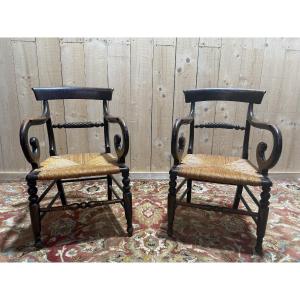 Pair Of Rustic Straw-seated Armchairs