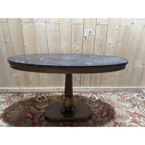 Oval Empire-style Pedestal Table In Walnut And Marble