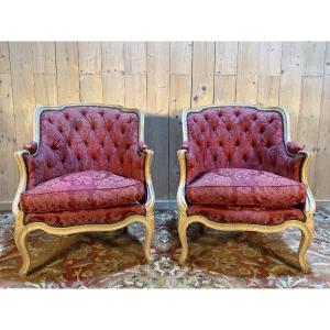 Pair Of Louis XV Style Gondola-shaped Bergère Chairs In Painted Wood