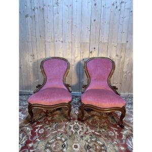 Pair Of Louis Philippe Armchairs In Walnut And Pink Velvet