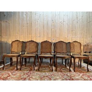 Set Of 10 Louis XV Style Chairs In Walnut And Caning