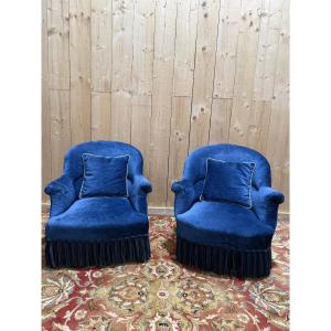 Pair Of Napoleon III Blue Velvet Toadstool Armchairs 