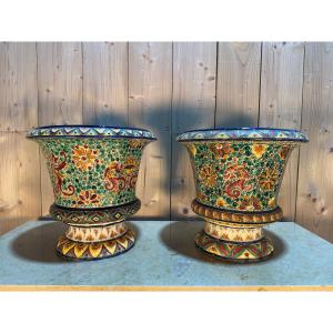 Pair Of Desvres Masse Frère Earthenware Cachepots