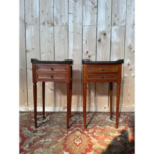 Pair Of Louis XVI Style Bedside Tables In Cherrywood And Marble