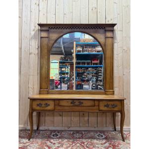 Louis XV-style Solid Oak Console And Overmantel Mirror