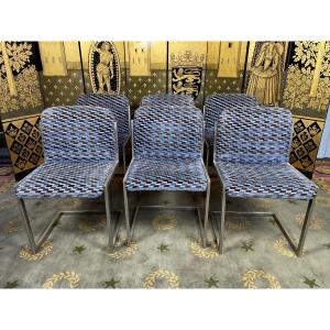 6 1970 Stainless Steel And Velvet Chairs