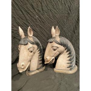 Pair Of Carved Painted Wood Horse Heads, Jodhpur, India Circa 1950