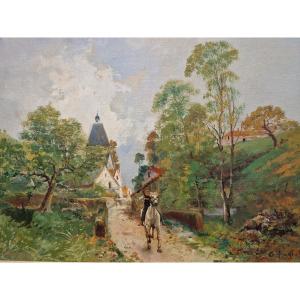 "young Rider Leaving A Village" Oil On Canvas By Gaston Anglade (1854 - 1931)