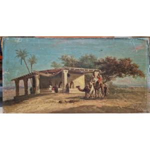 "the Halt At The Well" Oil On Panel, Orientalist Style, By Lucien Robert (1868/?)