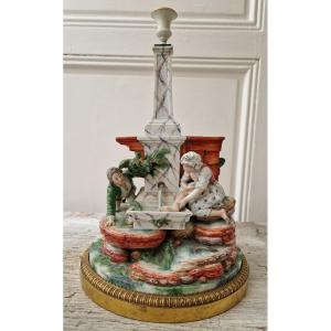 "the Watchman At The Fountain" Porcelain Group Mounted In Bronze 