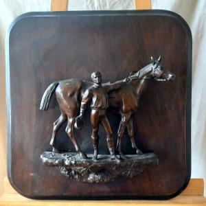 "lads And Thoroughbreds" Two Electroplating Pendants Fixed On Stained Wood Crests