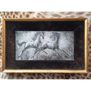 Framed Faience Representing Two Galloping Horses