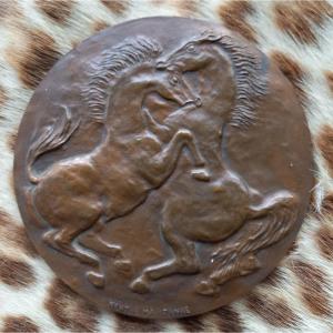 Commemorative Medal Representing Horses, Signed Berthe Martinie (1883-1958)