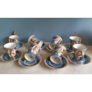 Capodimonté, Coffee Service Of 8 Cups And Saucers With Napoleon And Josephine Designs