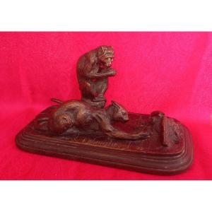 Bronze Sculpture Depicting A Cat And A Monkey, Signed I. Bonheur