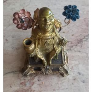 Bronze Inkwell Depicting A Seated Buddha On A Flower-decorated Mound, Late 19th Century