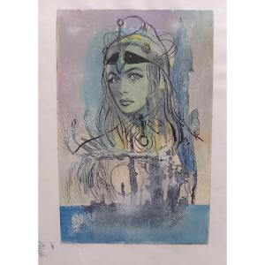 Portrait Of A Woman Watercolor And India Ink On Paper Signed Gigi