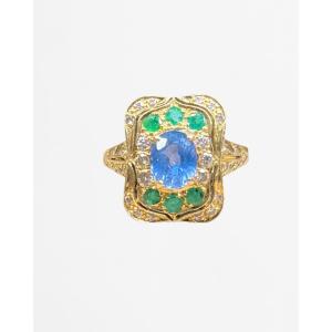 Yellow Gold Halo Ring With Sapphires, Tanzanites And Diamonds