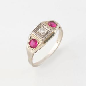 Art Deco Ring In White Gold, Platinum, Rubies And Diamonds