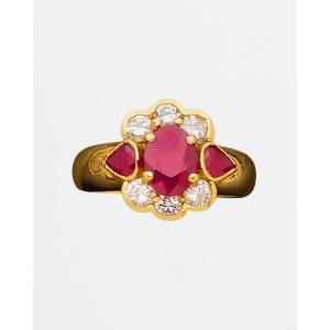 Ring In Yellow Gold, Rubies And Diamonds