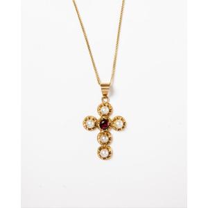 Chain And Cross In Yellow Gold, Garnet And Pearls