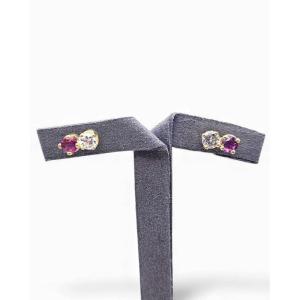Yellow Gold Stud Earrings With Rubies And Diamonds 