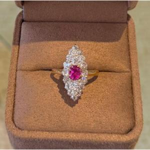 Marquise Ring In Yellow Gold, Pink Sapphire And Diamonds