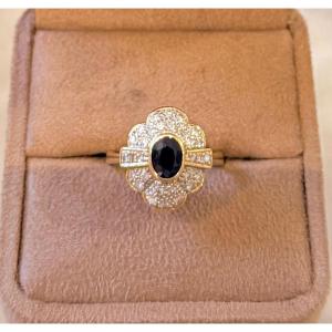 Yellow Gold, Sapphire And Diamond Halo Ring