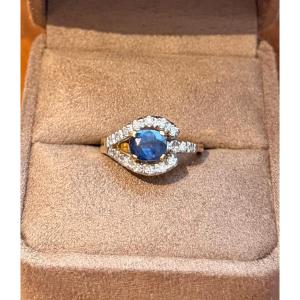 Drop Ring In Yellow Gold, Sapphire And Diamonds