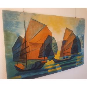 Aubusson Tapestry “les Sampans” By Toffoli - 20th Century.