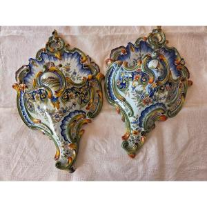 Pair Of Faience Wall Sconces In The Shape Of Horn Of Abundance – Desvres – Fourmaintraux – 20th Century