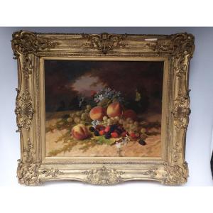 Oil On Canvas - Still Life With Fruit And Flowers - David De Noter - 19th Century