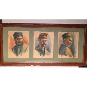 Edmond Delphaut -a Triptic Watercolor Of Serbian Prisoners During The 14-18 War.