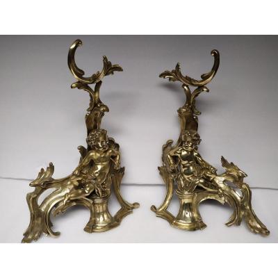 Pair Of Andirons In Bronze Dore - Nineteenth