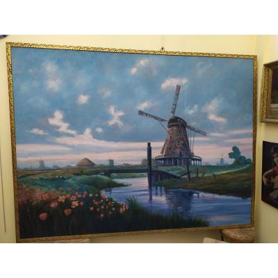 Dutch Landscape With Windmill - Oil On Canvas - XXth