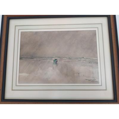 Watercolor Signed Ernest Guérin - Audierne Bay